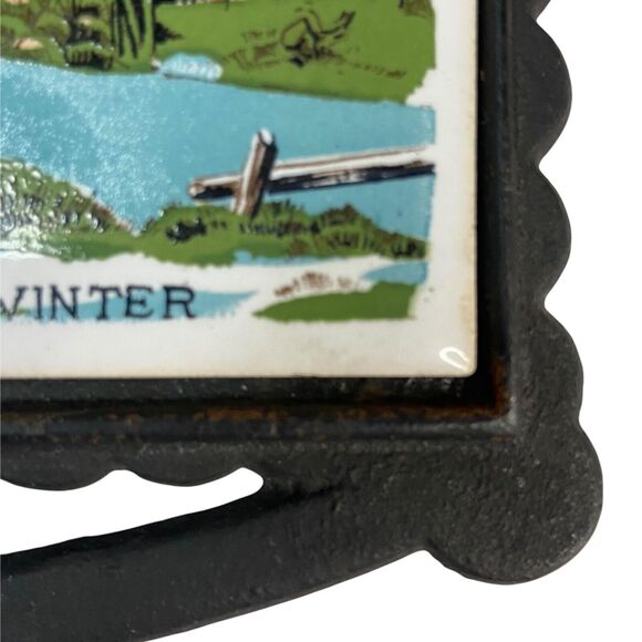 Vintage Currier and Ives Kitchen Cast Iron Tile Trivet "The Old Homestead" Japan - Picture 10 of 14